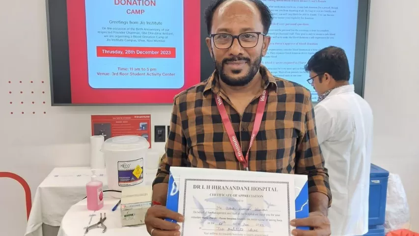 Blood Donation Camp at Jio Institute in collaboration with Dr. L.H. Hiranandani Hospital, Powai